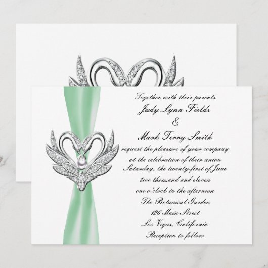 Green Ribbon Silver Swans Invitation Kaart (Voorkant / Achterkant)