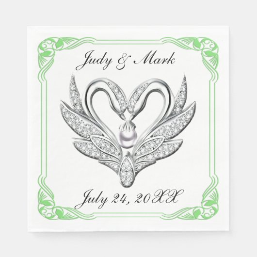 Green Ribbon Silver Swans Paper Napkins Servet (Voorkant)