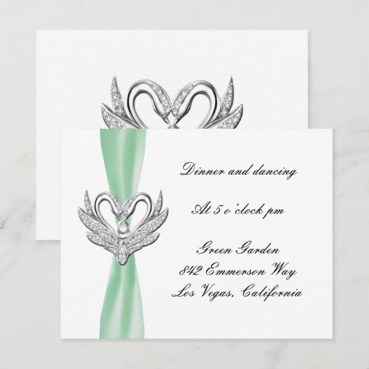 Green Ribbon Silver Swans Reception Kaart (Voorkant / Achterkant)