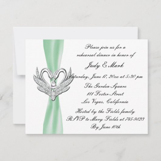 Green Ribbon Silver Swans Rehearsal Dinner Invite Kaart (Voorkant)