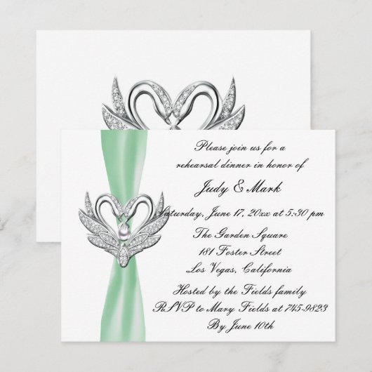 Green Ribbon Silver Swans Rehearsal Dinner Invite Kaart (Voorkant / Achterkant)