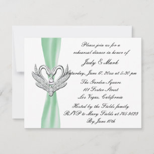 Green Ribbon Silver Swans Rehearsal Dinner Invite Kaart