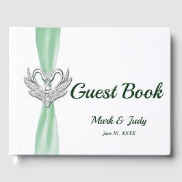Green Ribbon Silver Swans Wedding Guestbook Gastenboek