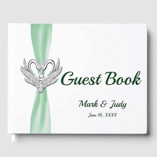 Green Ribbon Silver Swans Wedding Guestbook Gastenboek (Voorkant)