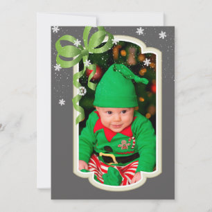 Green Ribbon, Two Sided Foto Kerstmis Kaart