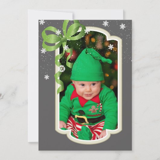Green Ribbon, Two Sided Foto Kerstmis Kaart (Voorkant)
