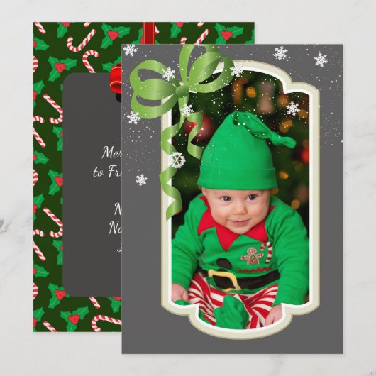 Green Ribbon, Two Sided Foto Kerstmis Kaart (Voorkant / Achterkant)