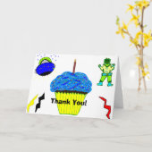 Green Robot Boy Blue Cupcake Birthday Kaart (Gele Bloem)