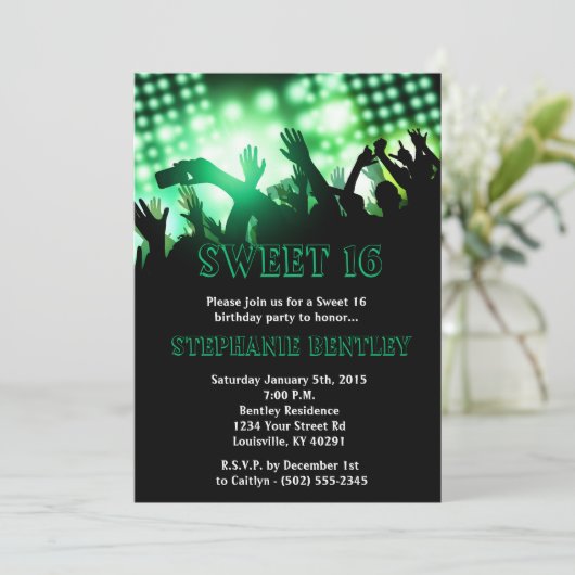 Green Rock Star Sweet 16 verjaardagsuitnodiging Kaart (Staand voorkant)