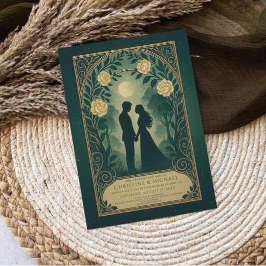 Green Romantic Silhouette Couple Wedding Invite Kaart