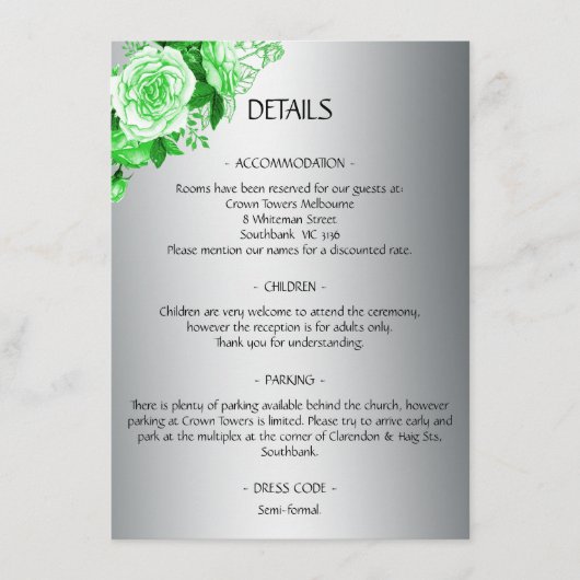 Green Rose Bouquet Boho Silver Wedding Details Informatiekaartje (Voorkant)