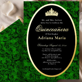 Green Roses Elegant Gold Floral Quinceanera   Folie Uitnodiging