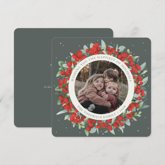 Green Round/Square Red Berries+Eucalyptus Photo Feestdagenkaart (Voorkant / Achterkant)