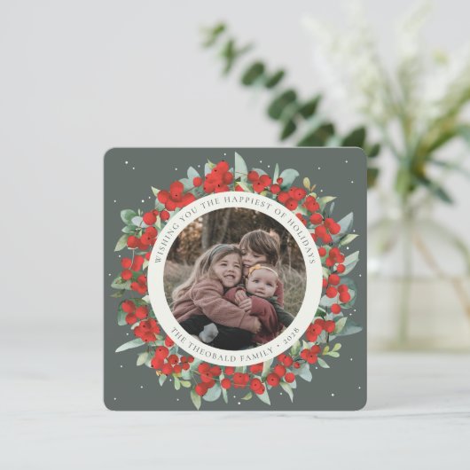 Green Round/Square Red Berries+Eucalyptus Photo Feestdagenkaart (Staand voorkant)