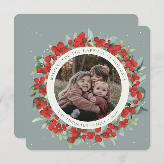 Green Round/Square Red Berries+Eucalyptus Photo Feestdagenkaart (Voorkant / Achterkant)