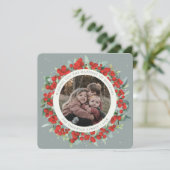 Green Round/Square Red Berries+Eucalyptus Photo Feestdagenkaart (Staand voorkant)