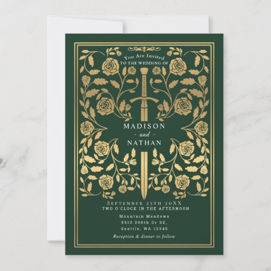 Green Royal Medieval Gold Sword Wedding QR Code Kaart (Voorkant)