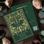 Green Royal Medieval Gold Sword Wedding QR Code Kaart