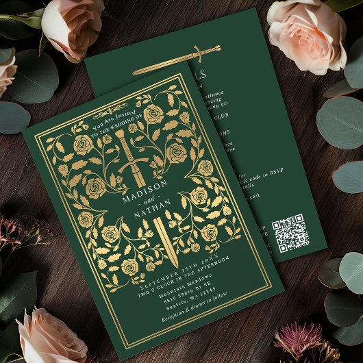 Green Royal Medieval Gold Sword Wedding QR Code Kaart