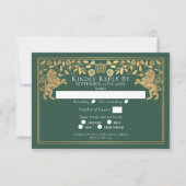 Green Royal Medieval Lion Wedding RSVP Kaartje (Voorkant)
