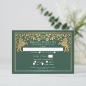 Green Royal Medieval Lion Wedding RSVP Kaartje (Staand voorkant)