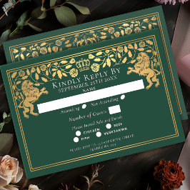 Green Royal Medieval Lion Wedding RSVP Kaartje