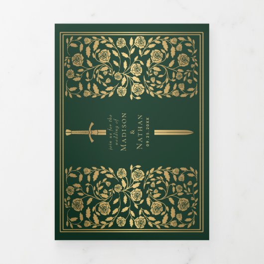 Green Royal Medieval Sword Wedding Drieluik Uitnodiging (Cover)