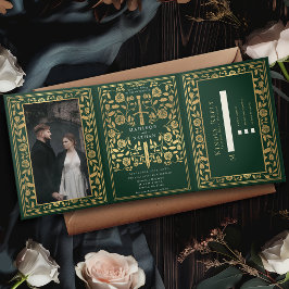 Green Royal Medieval Sword Wedding Drieluik Uitnodiging
