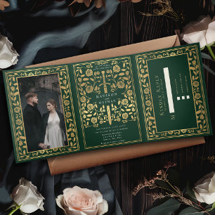 Green Royal Medieval Sword Wedding Drieluik Uitnodiging