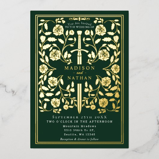Green Royal Medieval Sword Wedding Folie Uitnodiging (Voorkant)