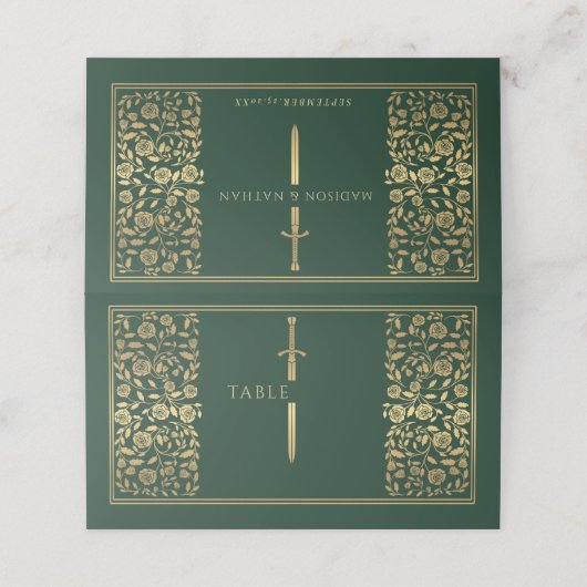 Green Royal Medieval Sword Wedding Place Card Plaatskaartje (Buitenkant ongevouwen)