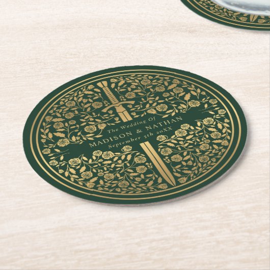 Green Royal Medieval Sword Wedding Ronde Kartonnen Onderzetter (Gebogen)