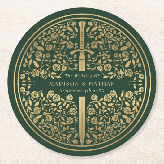 Green Royal Medieval Sword Wedding Ronde Kartonnen Onderzetter (Voorkant)