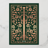 Green Royal Middeleeuws Roos Gold Sword Wedding Folie Uitnodiging (Achterkant)