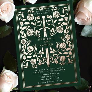 Green Royal Middeleeuws Roos Gold Sword Wedding Folie Uitnodiging