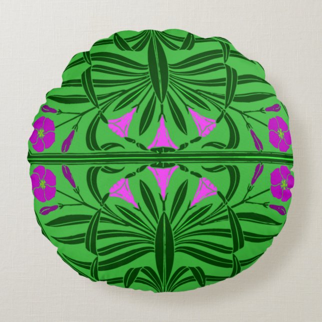 Green & Roze Art Nouveau Round Round Pillow Rond Kussen (Voorkant)