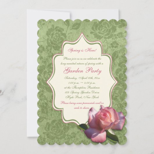 Green roze ivoor Roos Damask Garden Party Invite Kaart (Voorkant)