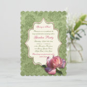 Green roze ivoor Roos Damask Garden Party Invite Kaart (Staand voorkant)