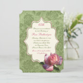 Green Roze Rose Damask 65th Birthday Invite Kaart (Staand voorkant)