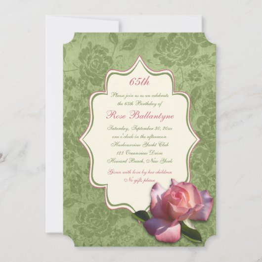 Green Roze Rose Damask 65th Birthday Invite Kaart (Voorkant)