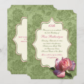 Green Roze Rose Damask 65th Birthday Invite Kaart (Voorkant / Achterkant)