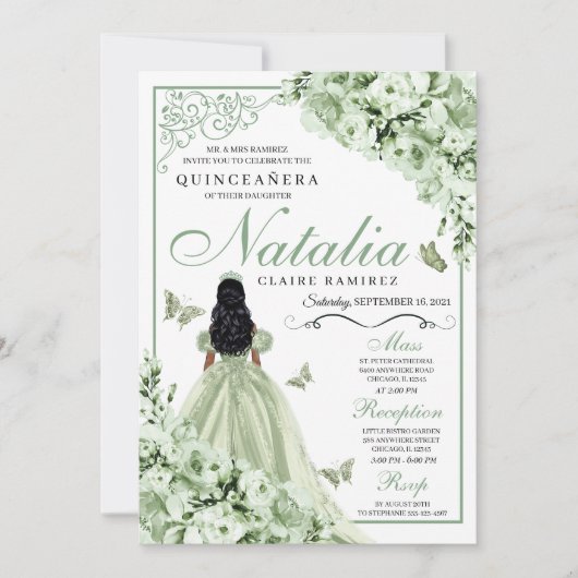 Green Rozen Princess Dress Tiara Quinceanera Kaart (Voorkant)