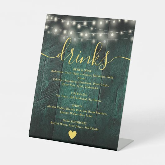Green Rustic Barn Wood String Lights Drinken Menu Reclamebord Met Voetstuk (Voorkant)