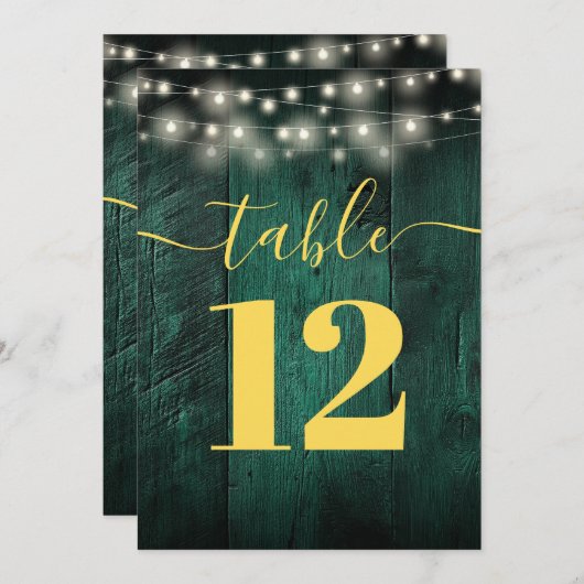 Green Rustic Barn Wood String Lights Tafelnummer (Voorkant / Achterkant)