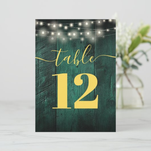 Green Rustic Barn Wood String Lights Tafelnummer (Staand voorkant)