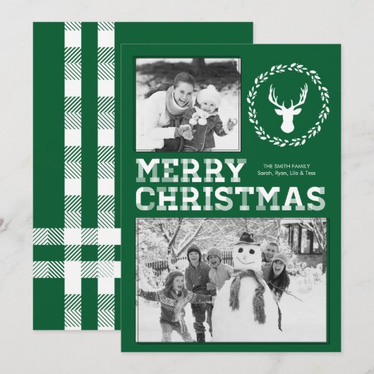 Green Rustic Deer Merry-kerstfotokaart Feestdagenkaart (Voorkant / Achterkant)