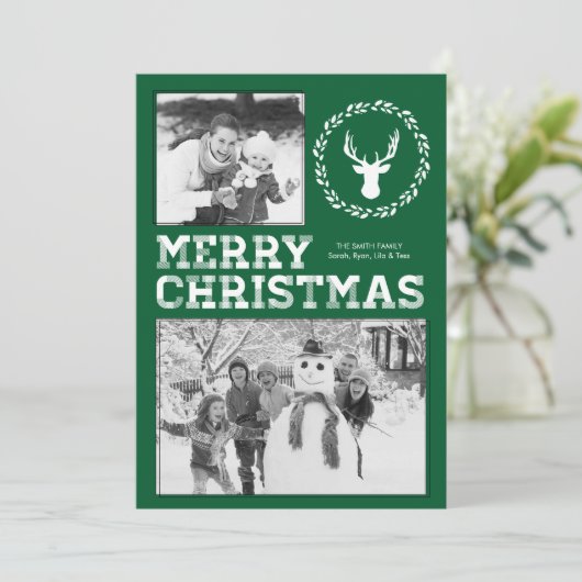 Green Rustic Deer Merry-kerstfotokaart Feestdagenkaart (Staand voorkant)