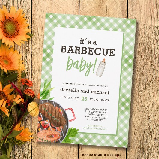 Green Rustic Gingham Barbecue Baby Shower Kaart