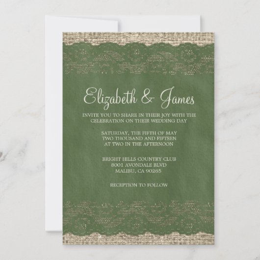 Green Rustic Lace Wedding Invitations Kaart (Voorkant)