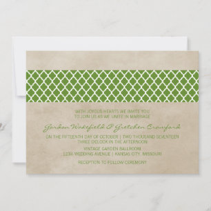 Green Rustic Quatrefoil Wedding Invite Kaart